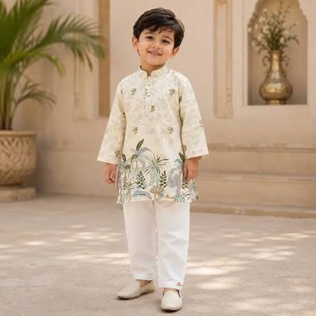 Boys Premium Ethnic Kurta Pajama Set with Palm Leaf Print Regular price - Image 2